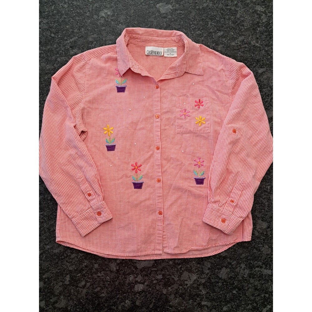 Casey & Max Vintage 90s Gingham Button Up Shirt Top w/ Embroidered Flowerpots L